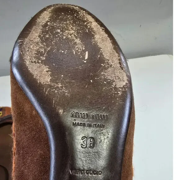 Brown Suede Miu Miu crystal embroidered Kitten heel sz 8 - Picture 7 of 9